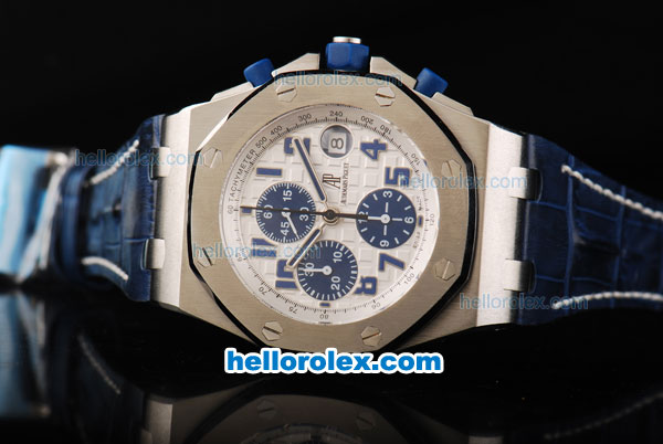 Audemars Piguet Royal Oak Offshore Run 12 Sec Swiss Valjoux 7750 Chronograph Movement Steel Case with White Dial and Blue Numeral Marker-Blue Leather Strap - Click Image to Close